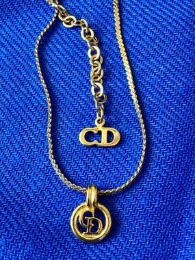 DIOR Gold Necklace Christian Dior CD Logo Round Pendant Necklace 17” Length